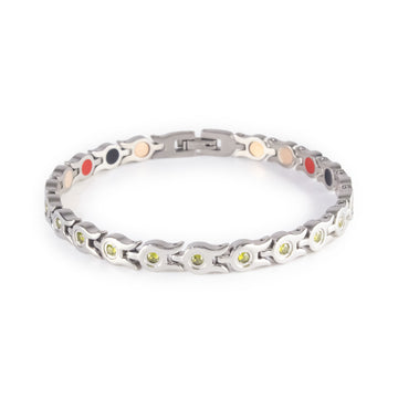 Stainless steel bracelet with small green crystals displayed clasped in front view.